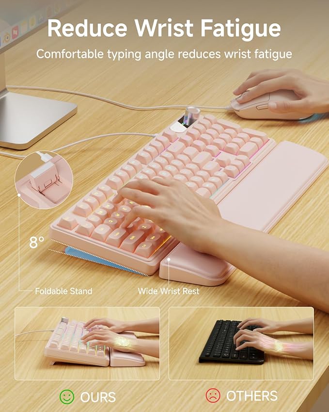 C98 Wired Keyboard and Mouse Combo Wired Computer Keyboards with Wrist Palm Double-Shot Keycaps Silent RGB Backlight Keyboard for Windows/MAC/PC (Creamy Pink)