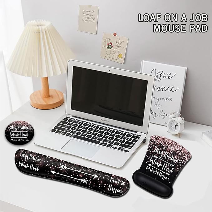 Ergonomic Gel Mouse Pad with Wrist Support Keyboard Wrist Rest Non-Slip PU Base for Home Office Working Studying Easy Typing &amp Pain Relief Rose Gold Black MousepadStay Positive Work Hard