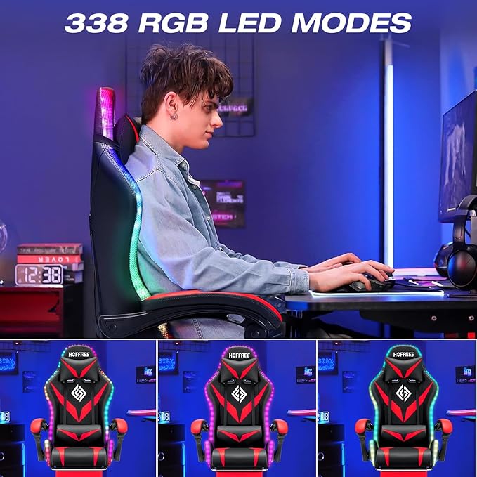 RGB Gaming Chair with Massage and LED Lights Ergonomic Computer Chair with Footrest High Back Video Game Chair with Adjustable Lumbar Support Linkage Armrest Red and Black