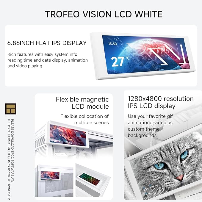 Trofeo Vision LCD White 6.86-inch Full-Color LCD Display (1280x480 Resolution) with a Magnetic Panel Screen Supporting DIY Dynamic/Static Images Special for CPU Liquid Cooler/Case