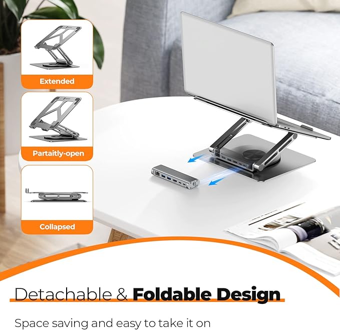 Tobenone Laptop Docking Station Stand for MacBook Pro/Air/Dell/HP/Surface/Lenovo Mac Docking Station with 4K HDMI USB 3.0 RJ45 PD 3.0 USB C Laptop Stand Hub for Desk with 360 Rotating Base Grey