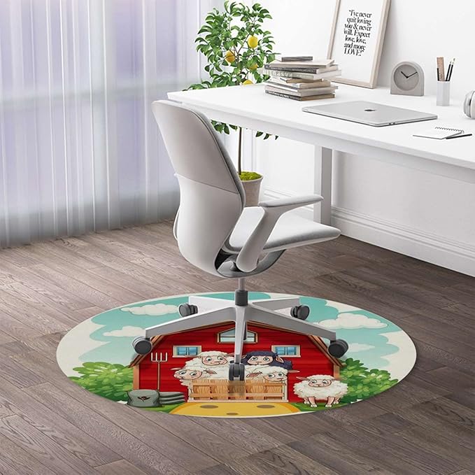 Green PU Leather Desk Chair Mat for Hard Floors Rural Woodenshack Cartoon Happy Farm Animals Computer Chair Matfor Rolling ChairLarge Floor ProtectorEasy Clean Manga Diameter 47.2 in