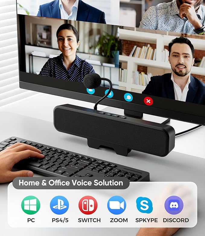USB Computer Speakers with Detachable Microphone Plug and Play Desktop Speaker with Monitor Clip Stereo Sound &amp Bass Suitable for PC PS5 Switch 2 and Laptop