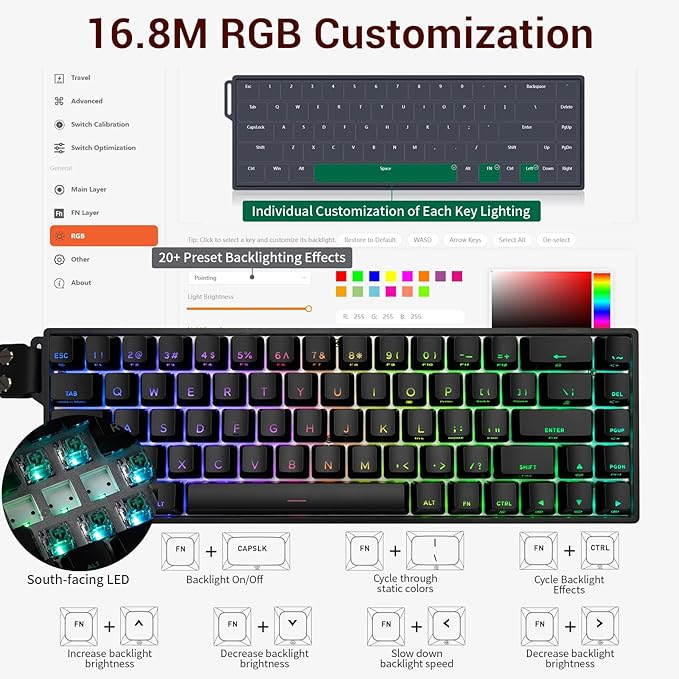 Hexgears HK-K22 65% Gaming Keyboard WiredHall Effect Magnetic Switch Keyboard with Adjustable ActuationFast Trigger Mode8KHz Polling Rate0.125ms LatencyShinethrough PBT Keycaps RGB Backlit-Black