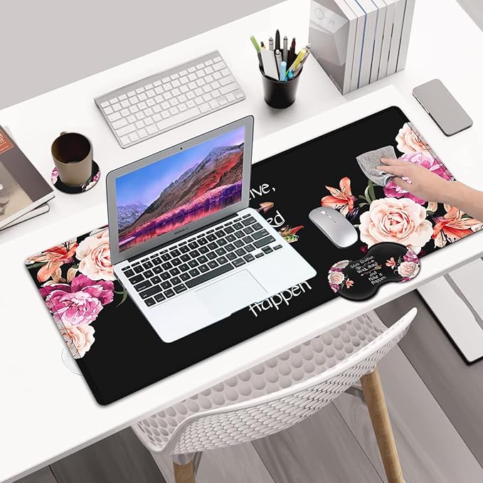 Desk PadExtended Large Mouse Pad with Stitched Edges (31.5X11.8In) Ergonomic Mouse Wrist Rest SupportWaterproof Computer Keyboard Mouse MatPeony Flower Quotes Pattern XXL Black Gaming Mouse Pad