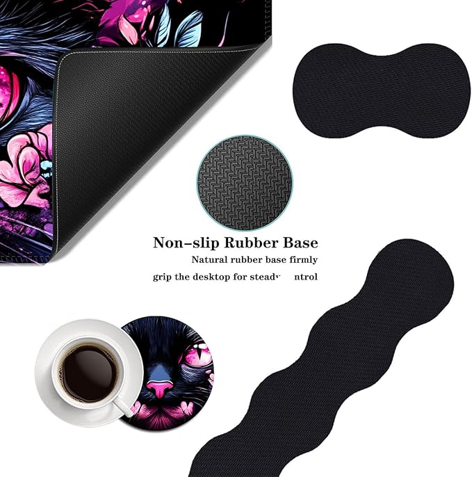 Mouse PadLarge Desk Mat Set 4in1 XL Mousepad + Keyboard Wrist Rest+Mouse Wrist Rest+Coaster with Ergonomic Desk Pad for Home Office Table Computer Cover -Cat with Pink Eyes and Flowers