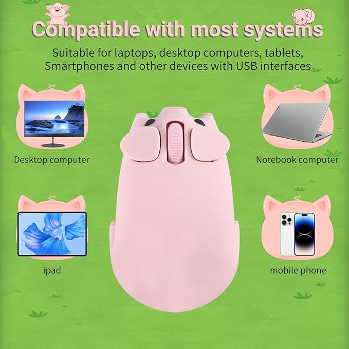 Cute Bluetooth Wireless Mouse with 2.4GHz USB Receiver Cartoon Pig Dual Mode Computer Mouse Silent Clicks Optical Mice for Laptops Mac iPad PC Chromebook Office Students Home Gift(Pink)