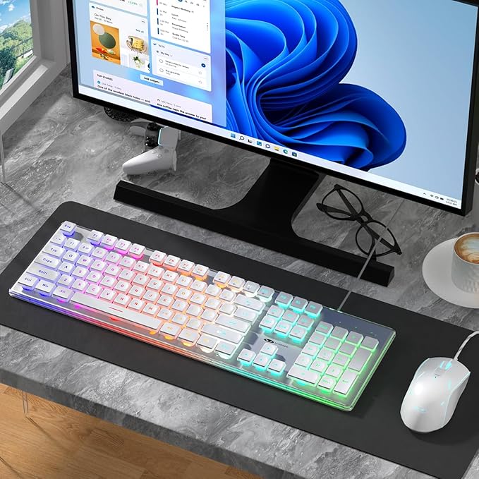 Camiysn Gaming Creamy Keyboard and Mouse White 104 Keys RGB and 6 Speed RGB Mouse Combo Pudding Keycaps Silent Computer Keyboard for Computer/PC/Laptop/Mac/Windows/Office