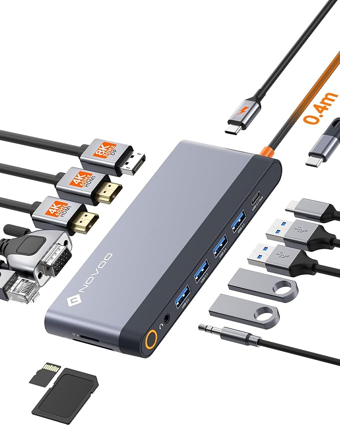 USB C Docking Station Quad Display 14-in-1 Laptop Docking Station Dual Monitor 8K@30Hz DP Dual 4K@60Hz HDMI VGA 5 USB Data Ports 100W PD Ethernet SD/TF Mic/Audio USB C HUB Thunderbolt Dock