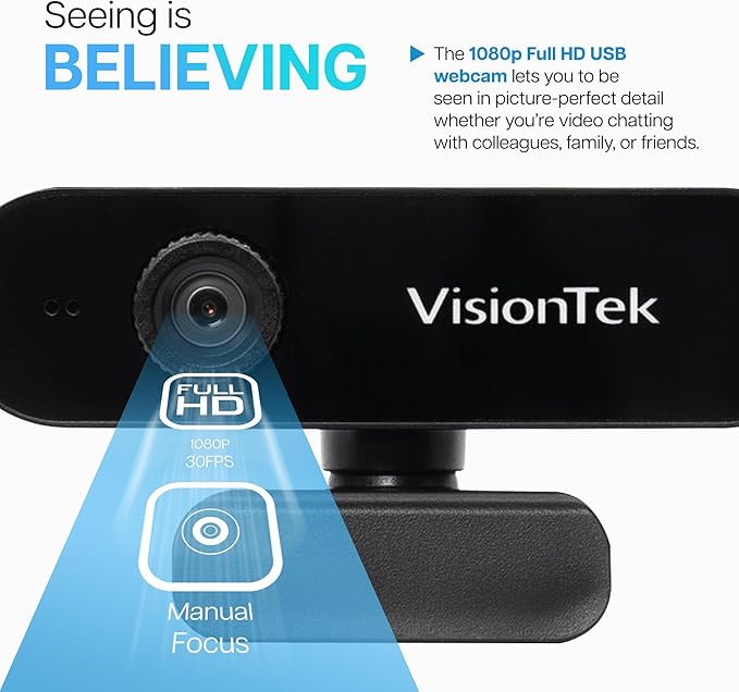 VisionTek VTWC30 Premium Full HD (1080P 30FPS) Webcam for Windows Mac Linux &amp Chromebook with Digital Dual Microphones Manual Focus Lens Privacy Cover 83-Degree Viewing Angle
