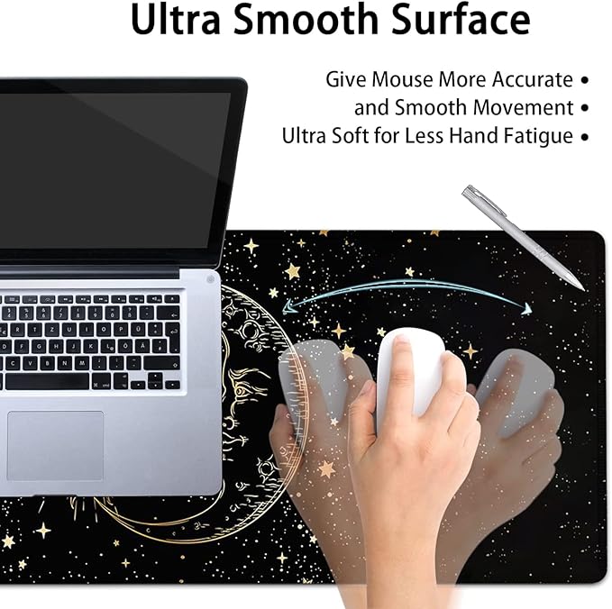 Large Mouse Pad Extended Office Desk Pad 31.5x11.8in Ergonomic Memory Foam Mouse Wrist Rest Support for Home Office Computer Writing Pad Cute Funy Sun Moon Star Pattern XXL Black Gaming Mouse Mat