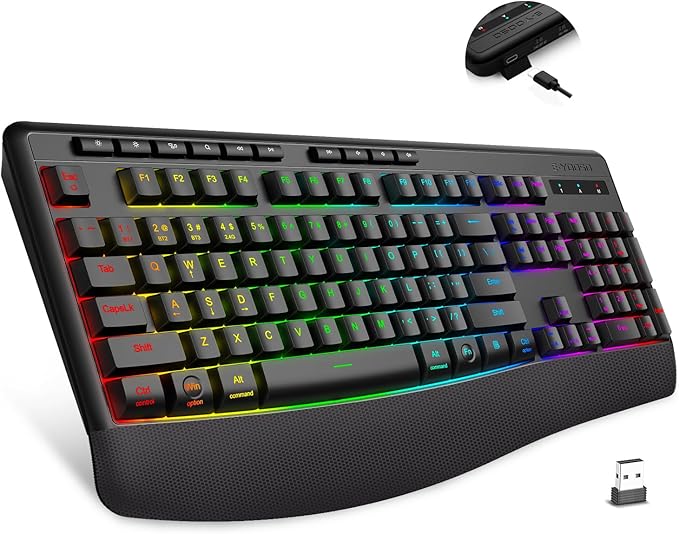 Wireless Bluethooth Gaming Keyboard8 RGB Backlit light upSilent Touch Less Noise 95%Ergonomic Wrist RestUSB C RechargeableTri-mode BT5.0/2.4GHz/WiredFor PC Computer/Mac/Laptop/IPad/Xbox/PS5