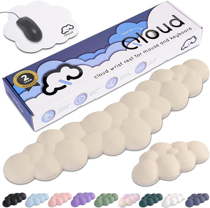 Qloud Cloud Wrist Rest Keyboard Wrist Rest for Computer Keyboard Pad Cloud Keyboard Wrist Rest Wrist Pad for Keyboard Memory Foam Non Slip Base Comes with Mouse Pad - Beige