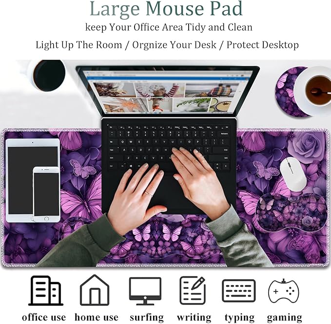 Mouse Pad Combo Large Gaming Mouse Pad + Keyboard Wrist Support + Mouse Wrist Rest + Coaster Table Pad 31.5 x 11.8 with Memory Foam Ergonomic Wrist Pad Set Butterflies Purple and Purple Flowers