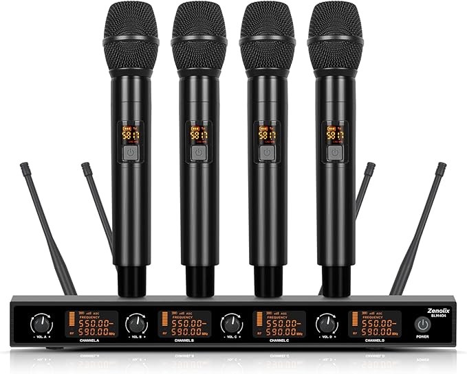 Wireless Microphone System 4 Channels UHF Metal Cordless Handheld Wireless Mics Set - Adjustable Frequencies Auto Scan 165ft Range for Karaoke Singing Meeting Church Wedding (BLM404)