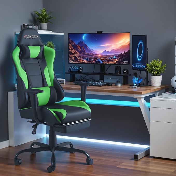 Homall Gaming Chairs Computer Chair with Footrest and Massage Lumbar Support Height Adjustable Game Chair with Headrest and Swivel Seat (Light Green)