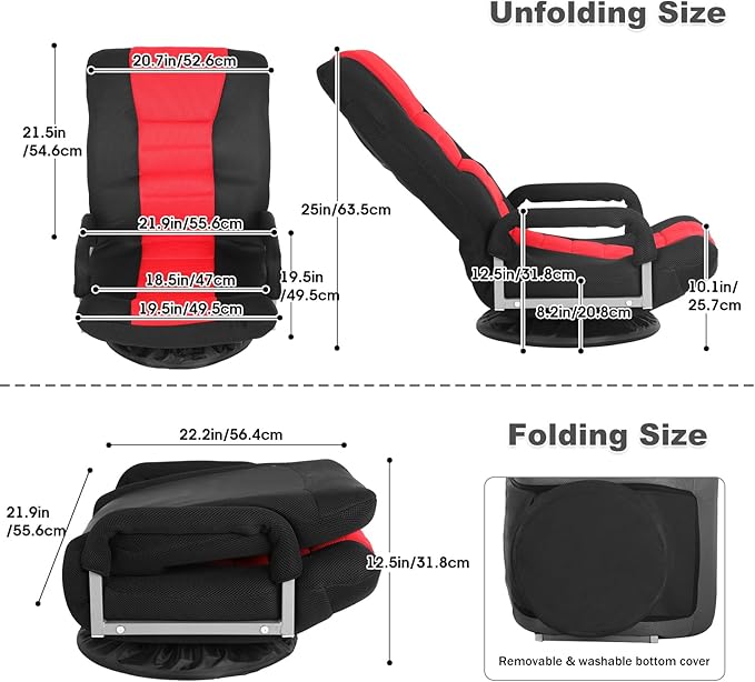 Floor Chair with Arms Foldable Lazy Sofa Chair for Video Gaming 5 Positions Adjustable Backrest-red