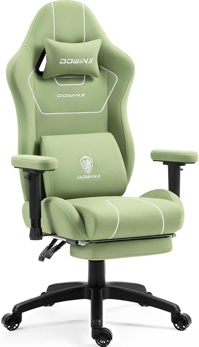 Dowinx Gaming Chair Tech Fabric with Pocket Spring Cushion Ergonomic Computer Chair with Massage Lumbar Support and Footrest Comfortable Reclining Game Office Chair 300lbs for Adult and Teen Green