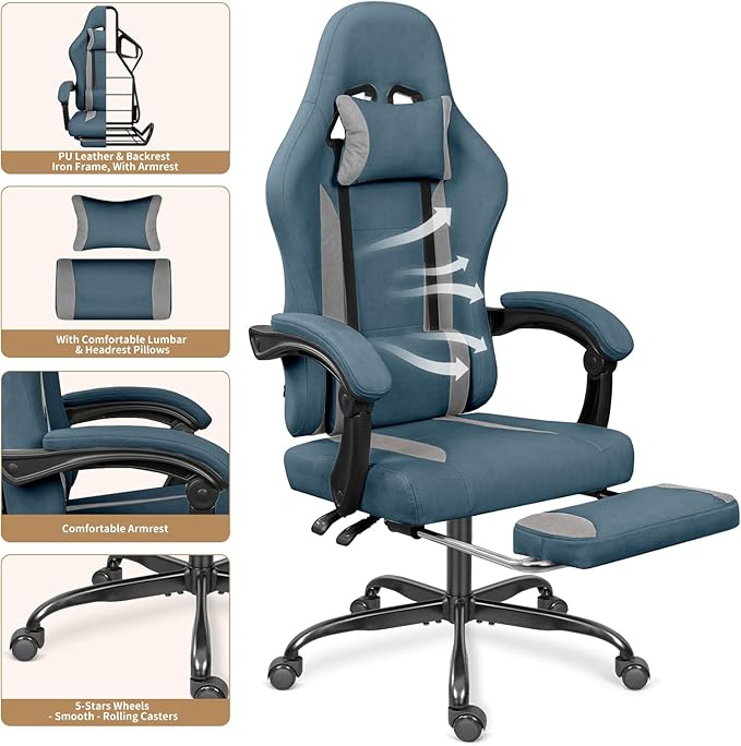 Breathable Fabric Gaming Chair with Footrest Height Adjustable Game Chair Video Gaming Chair for Gaming Room Living Room and Office - Blue/Light Grey