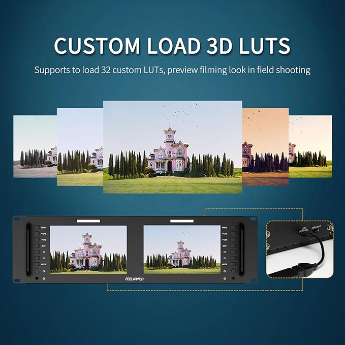FEELWORLD D71 Plus-H Dual 7 Inch 3RU Broadcast Rack Mount Monitor with Waveform LUT IPS 1920x1200 HD LCD Screen HDMI AV Input and Output
