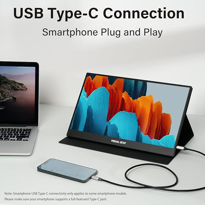 Portable Monitor 15.6'' 1080P FHD USB-C HDMI Computer Display IPS HDR VESA w/Smart Cover Dual Speakers for Laptop PC Mac Phone PS4/5 Xbox