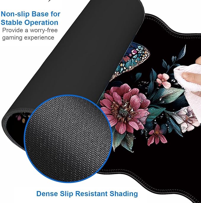 Large Gaming Mouse Pad Keyboard Wrist Rest Pad &amp Wrist Support Mousepad Set Stitched Edge Extended Non-Slip Base Memory Foam Desk Mat for Office HomeAesthetics Floar Butterfly Moon