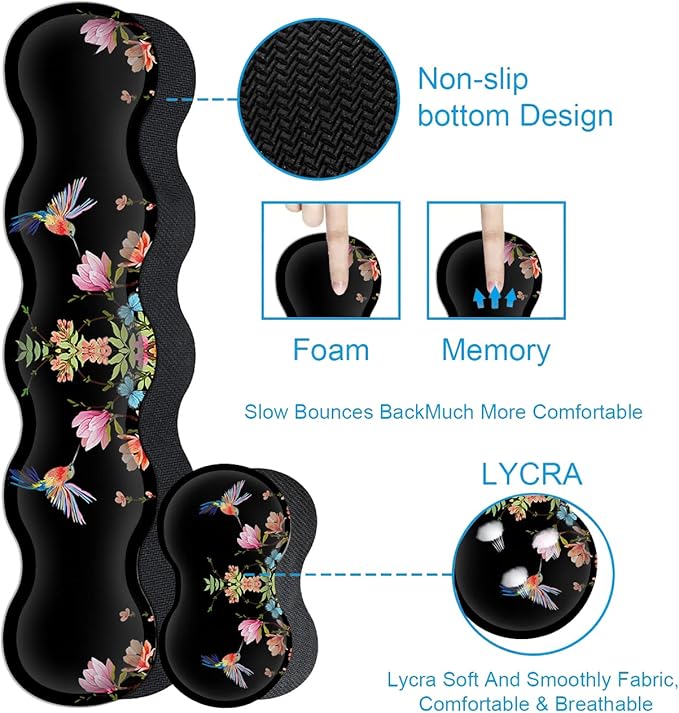 Extended Black Gaming Mouse Pad Ergonomic Memory Foam Keyboard Wrist Rest Support &amp Non-Slip Mouse Wrist Rest for Laptop Desk Writing Pad Hummingbird Watercolor Flower Office Desk MatLarge Mouse
