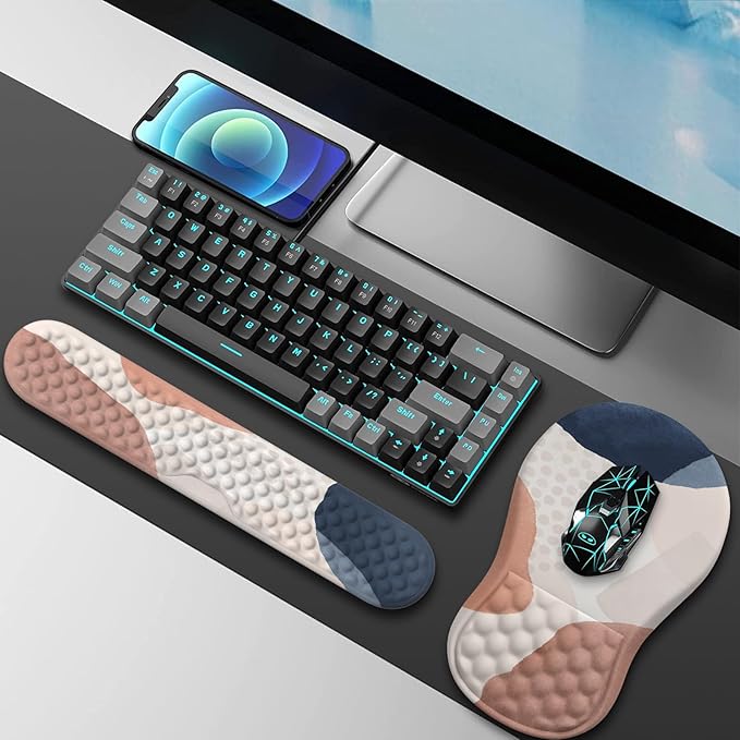 HAOCOO Ergonomic Mouse Pad with Wrist Rest and Keyboard Wrist Rest Set 3 PCS Computer Carpal Tunnel Mouse Pads for Desk with Coaster Memory Foam Mousepad Support for Office Women Boho Navy Pink