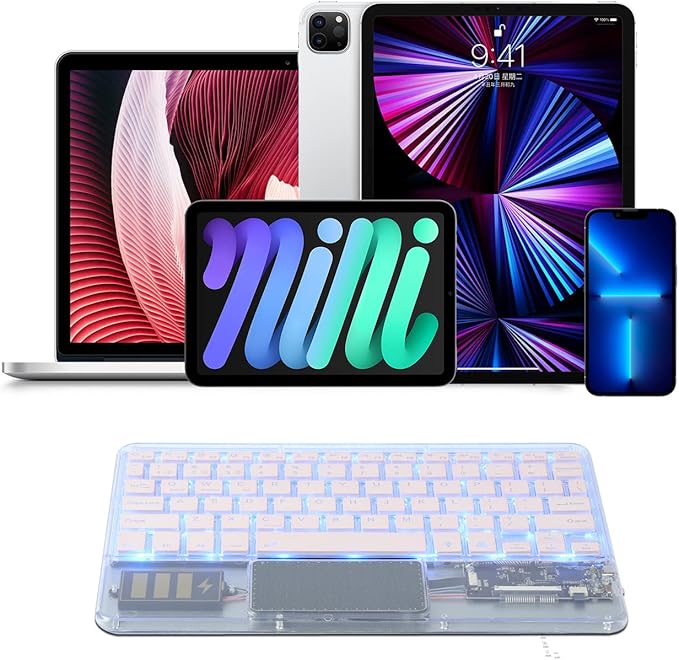 Ultra-Slim Bluetooth Keyboard 7 Colors Backlit Portable Mini Wireless Keyboard Rechargeable for Apple iPad iPhone Samsung Tablet Phone Smartphone iOS Android Windows-Transparent
