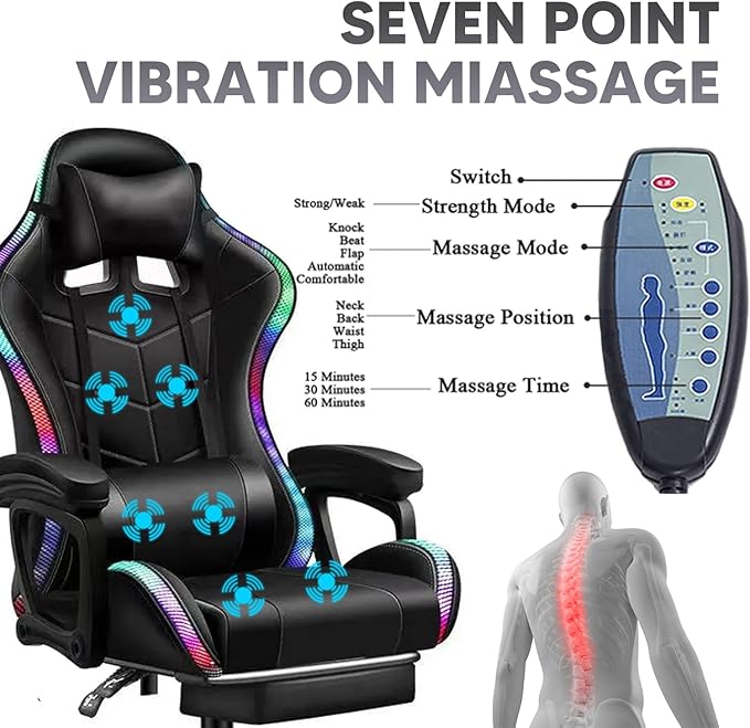 XOOFMASS Massage Gaming Chair with Speakers RGB Lights LED Music Video Game Chair Ergonomic PU Leather High Back Computer Chair Reclining Chair with Retractable FootrestWhite