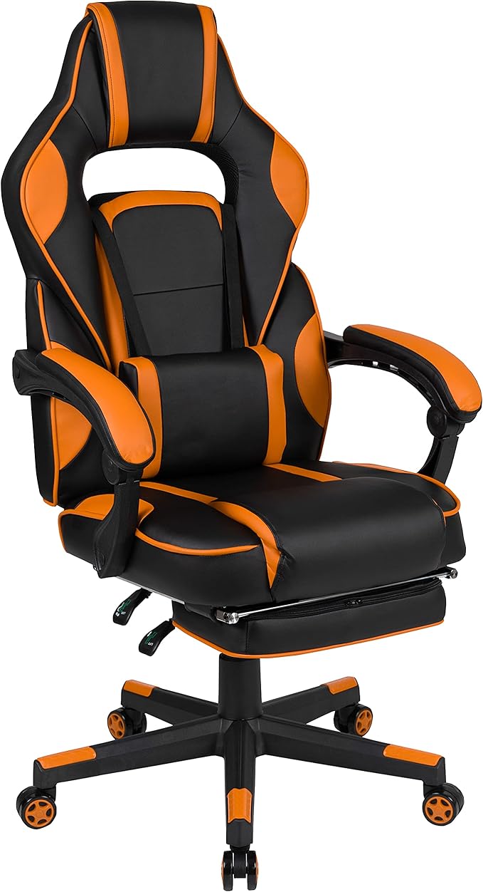 EMMA + OLIVER Black/Orange Ergonomic Gaming Chair -Recline Back/Arms Footrest Massaging Lumbar