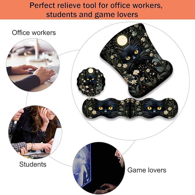 Ergonomic Keyboard Wrist Support Pad and Wrist Support Mouse Pad Anti-Slip with Gel Memory Mouse Pad Set Suitable for Office Use/Home Use - Cat Moon