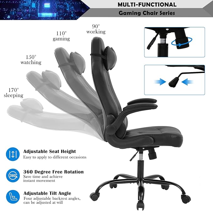 Massage Gaming Chair for Adults PC Silla Gamer Cheap Game Ergonomic Desk with Headrest Lumbar Support High Back Video Chairs Kids Ages 8-12 Grey 1