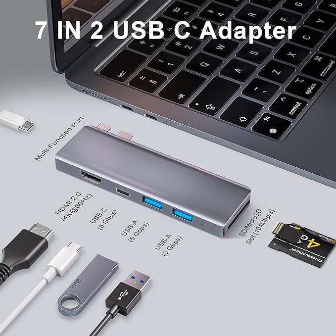 USB C Hub 7-in-2 USB Adapter for MacBook Pro/Air Thunderbolt 4 Dock with 4K HDMI 100W PD 40Gbps USB-C 3.0 2 USB-A 3.0 SD/TF Card Reader USB Hub for MacBook Pro/Air M1/M2/M3/M4