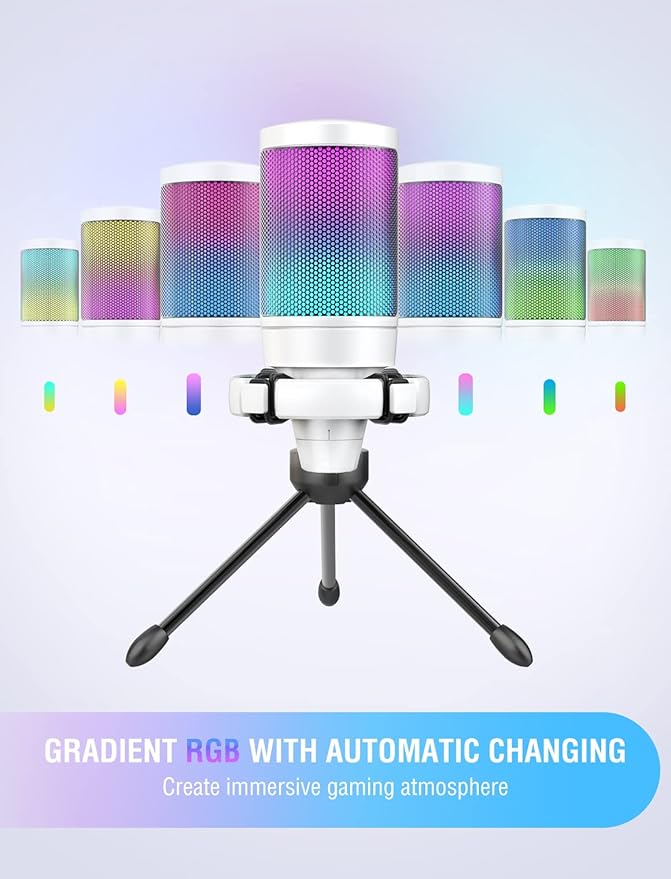 FIFINE AmpliGame USB Microphone PC Gaming Recording Desktop Laptop Mic RGB Streaming Podcasting Condenser Mic for Online Game Vocal with Mute Button Gain Knob Tripod Stand-A6V White