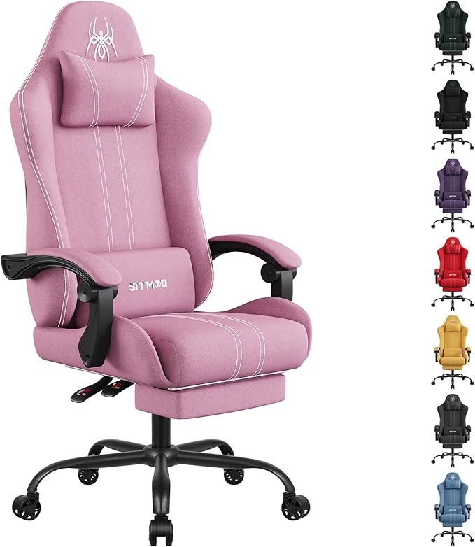 SITMOD Fabric Gaming Chair with Footrest-Breathable Computer Chair with Headrest &amp Lumbar PillowBig and Tall Ergonomic Gamer Chair for Heavy Adults22.44 Deep Seat Gaming Chairs for Adults(Pink)