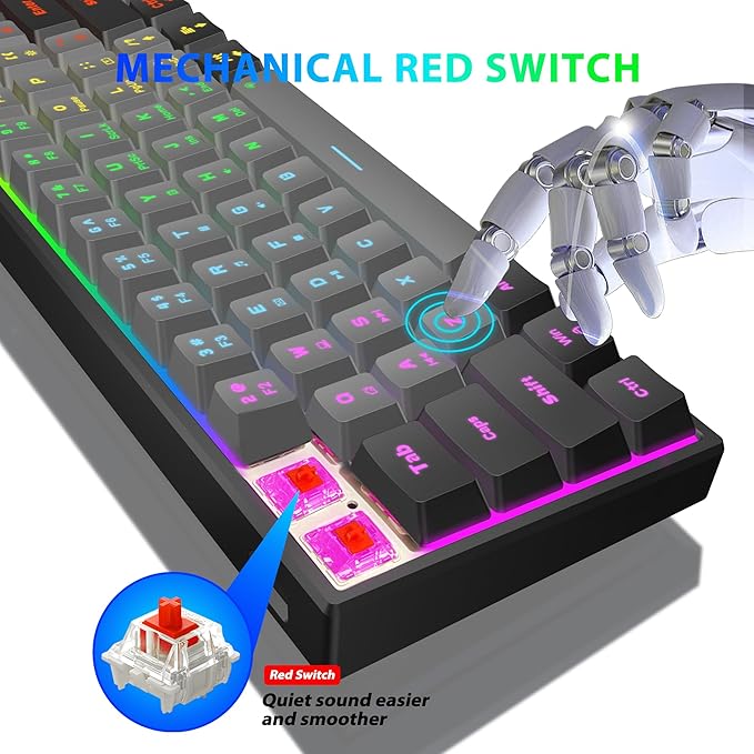Snpurdiri 60 Percent Machanical Keyboard Red Switches Full Anti-Ghosting 60% Gaming Keyboard Rainbow Backlit for PC Gamer Office Business (Black-Grey Red Switches)