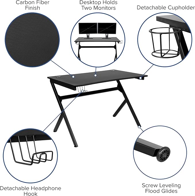 BizChair Black Gaming Desk and Red/Black Footrest Reclining Gaming Chair Set with Cup Holder Headphone Hook &amp 2 Wire Management Holes