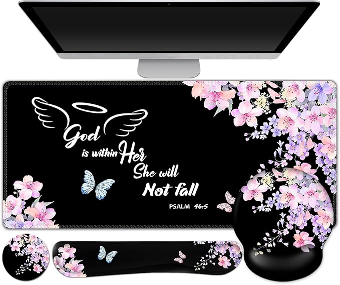ARTSO Large Mouse Pad Ergonomic Keyboard Wrist Rest Support Combo Psalm 46:5 God is Within Her She Will not Fall -Bible Verse Flower Butterfly Extended Desk Mat Blotter