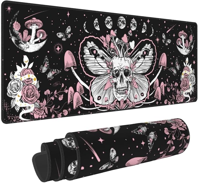 Hippie Mushroom Skull Mouse Pad Extended XL Gaming Mice Pad Office Desk Mat with Stitched Edges Non-Slip Oversized Desk Pad 31.5 X 11.8 Inch