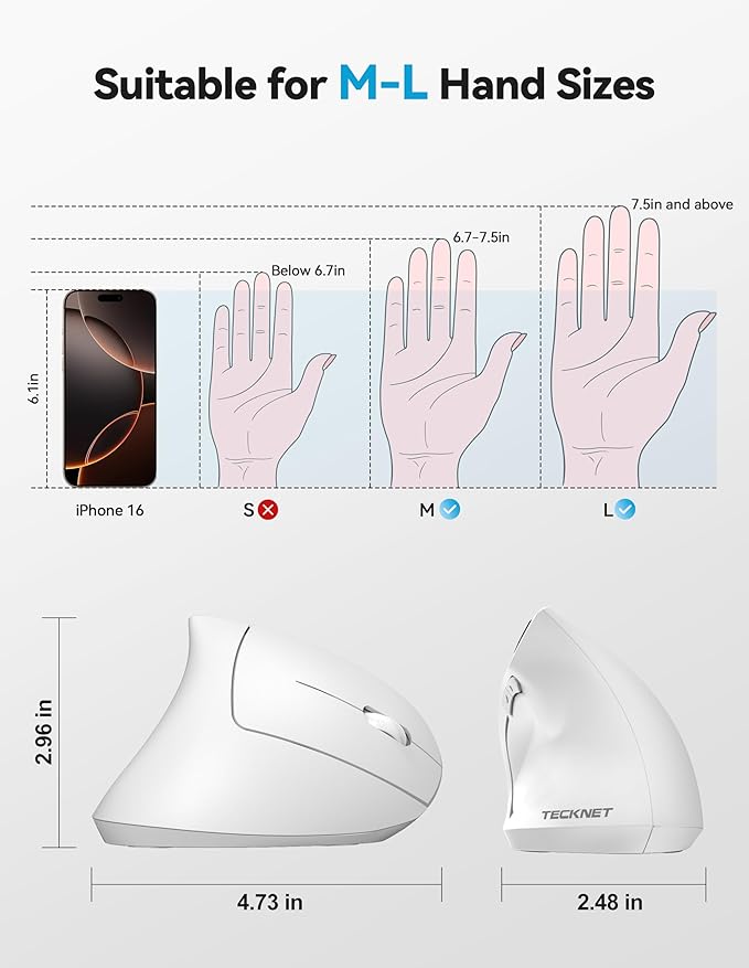 TECKNET Ergonomic Mouse Rechargeable 2.4G+Bluetooth Vertical Mice 6 DPI Adjustable Wireless Optical Carpal Tunnel Mouse Right Hand Multi Device for Laptop PC Computer MacBook iPad - White
