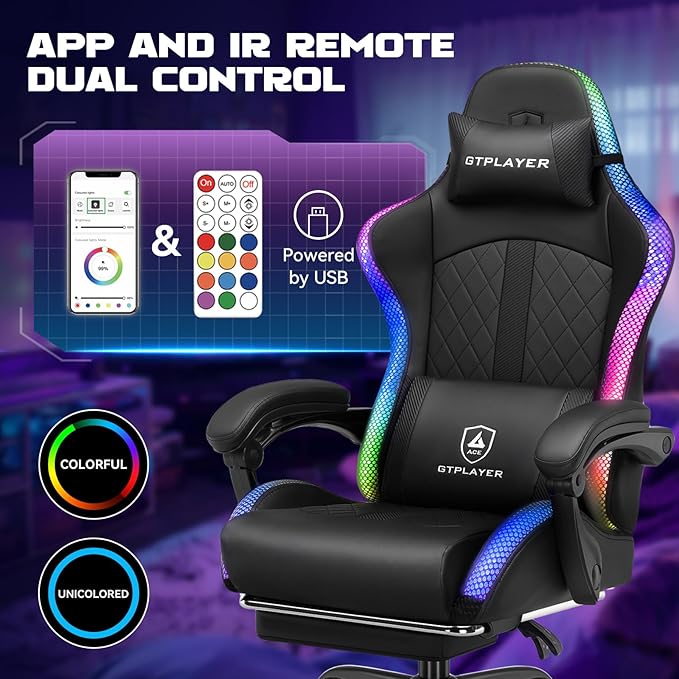 GTPLAYER RGB Gaming Chair with Speakers Computer Gamer Chair with Footrest and LED Lights PC Gamer Chairs for Adults High Back Reclining Office Chairs Linkage Armrest (Black with Speakers)