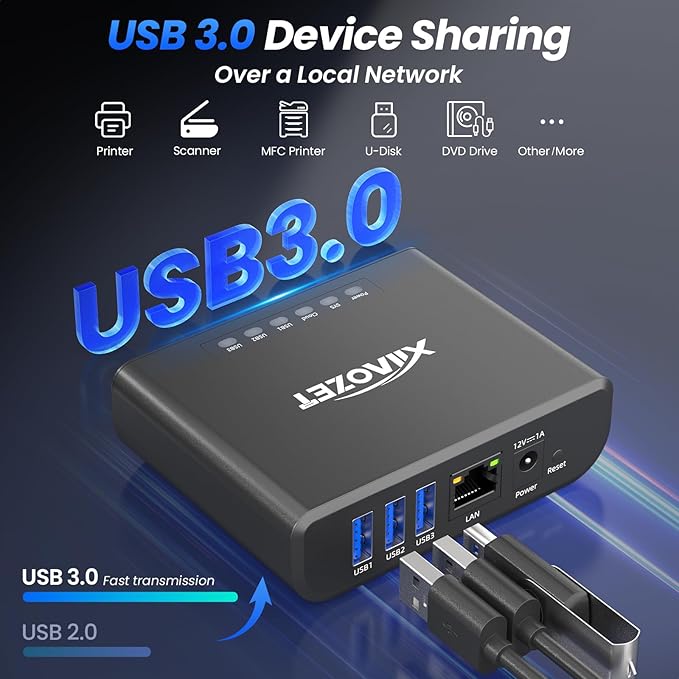 LK301E Gigabit USB Device Server - 3-Port USB Over IP Sharing Hub for LAN Gigabit Ethernet USB Server Compatible with Printers Scanners Dongles
