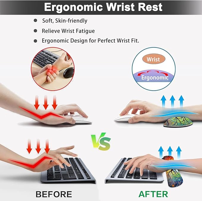 Large Mouse pad and Keyboard Support Set Ergonomic Memory Foam Keyboard Wrist Rest Extended Gaming Mouse Pad with Stitched Edges Colorful Tree of Life XXL Desk Mat (31.5 X 11.8 in)