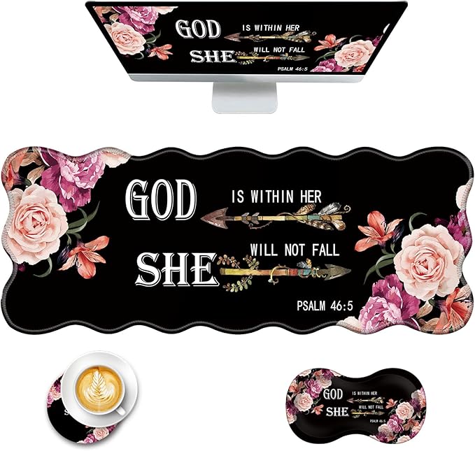 Mouse Pad with Wrist Support + Desk Mat + Coaster 3 in 1 Set XL Large Gaming Mousepad Ergonomic Mouse Pads for Desk Computer Laptop OfficeFlower Bible Verse Psalm 46-5