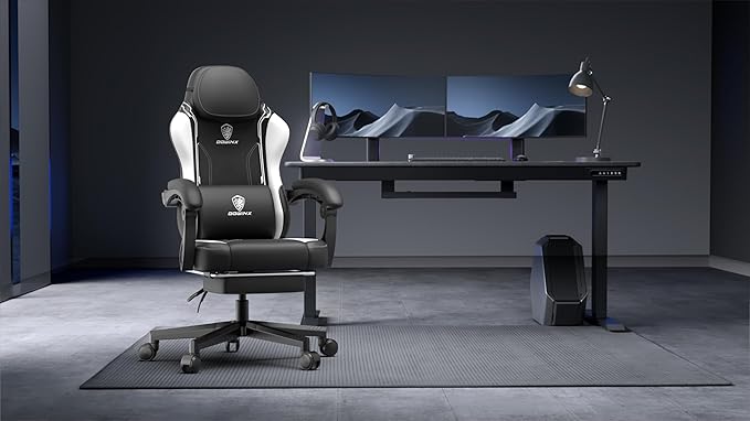 Dowinx Gaming Chair with Pocket Spring Cushion for Adults Ergonomic Computer Chair with Footrest and Massage Lumbar Support High Back Leather Game Chair for Office Gaming 300LBS White