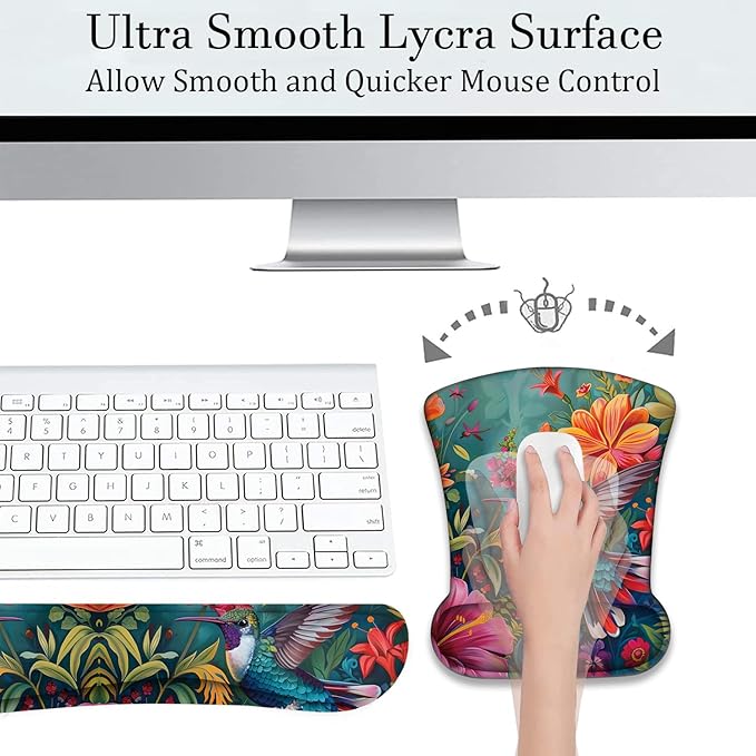 Mouse Wrist Rest and Keyboard Wrist Rest Pad+ Coaster Set Non-Slip Rubber Base Smooth Surface Ergonomic Gaming Mouse Pad for Easy Typing and Pain Relief Flowers and Hummingbirds