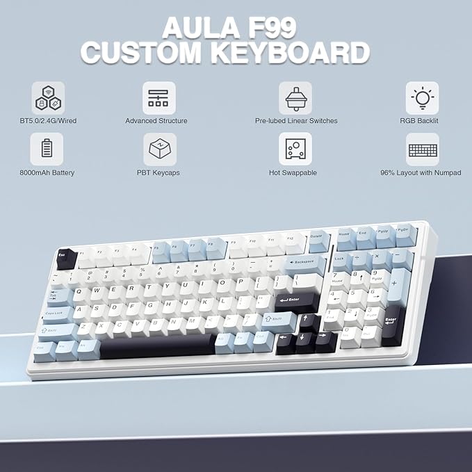 AULA F99 Wireless Mechanical Keyboard Hot Swappable Custom KeyboardPre-lubed Linear SwitchesGasket StructureRGB Backlit Gaming Keyboard (Blue&ampWhite) (Renewed)