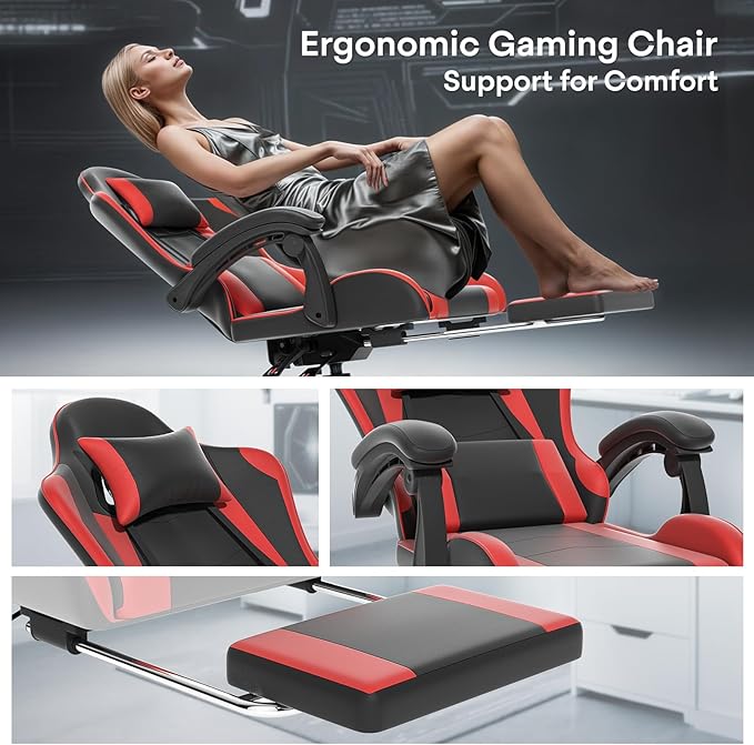Athena Collection Ergonomic Gaming Chair with Footrest &amp Headrest Lumbar Support Height Adjustable Swivel Office Chair Reclining Game Chair Leather High Back Computer Chair for Adults Kids Red