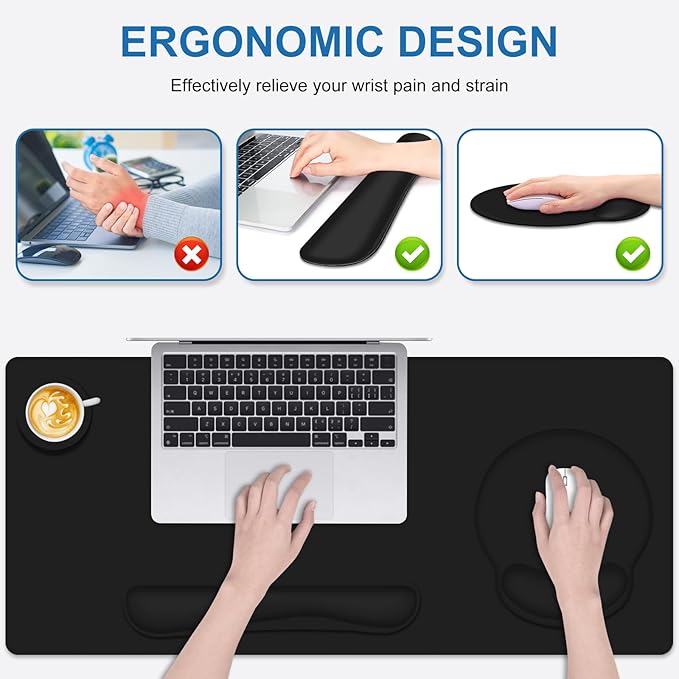 Mouse Pad Desk Pad Protector Keyboard Wrist Rest + Mousepad Wrist Rest +Coaster Large Gaming Mouse Pad for Computer Keyboard Desks Laptop XXL Desk Mat Writing Pad for Office and Home Cool Black